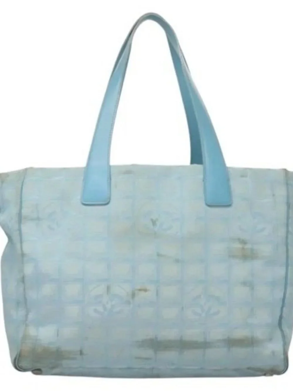 CHANEL New Travel line Tote Bag Light Blue Silver CC Auth 129655